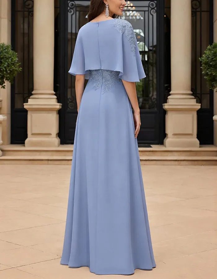 Blue Chiffon Cape Sleeve A-Line Maxi Dress