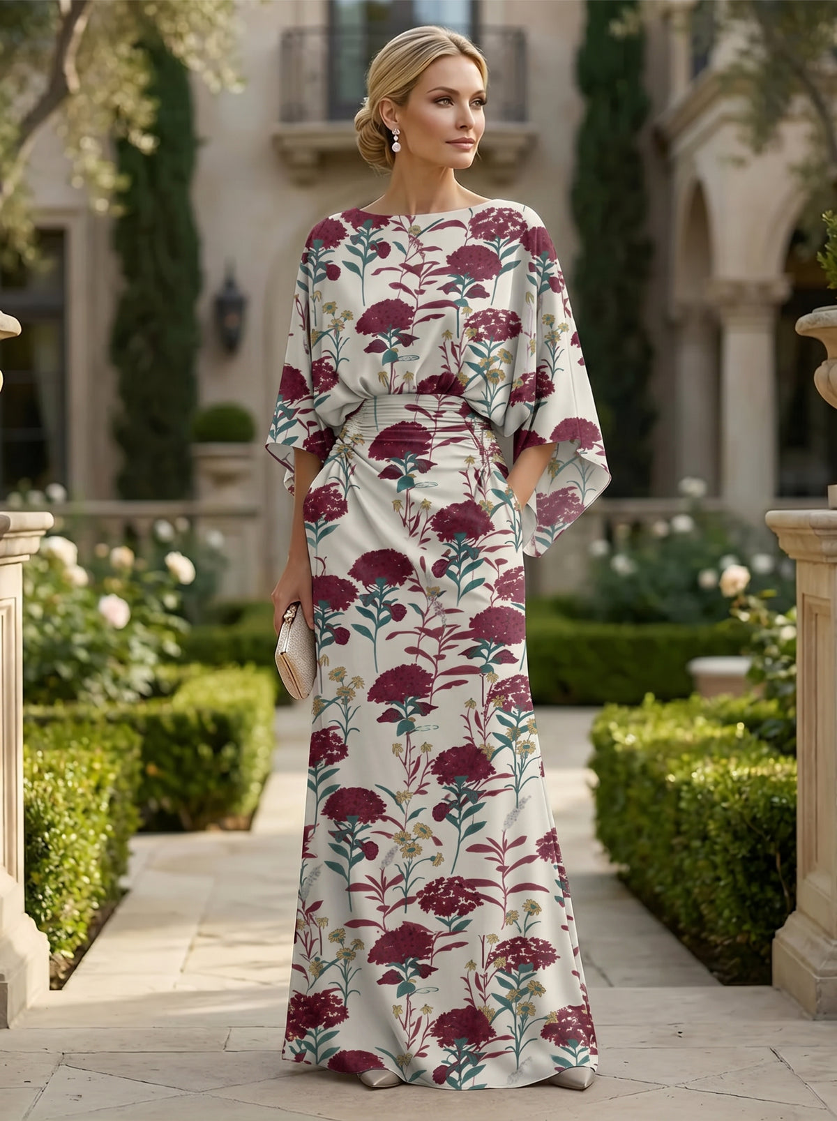 Sheath Chiffon Floral Print Cape Sleeves Mother of the Bride & Groom Dresses for Formal Wedding