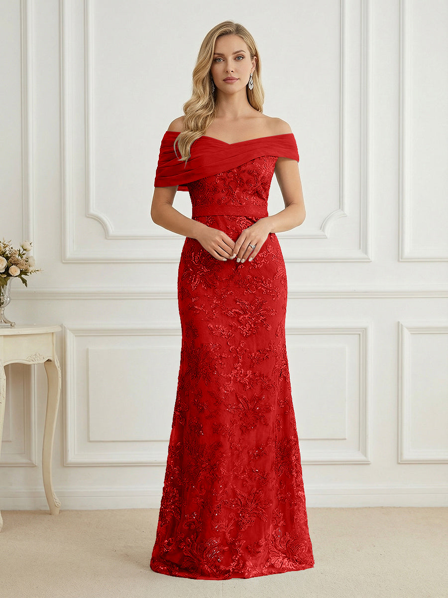 Mermaid Off Shoulder Short Sleeve Long Elegant Mother of the Bride Dresses with Sequin