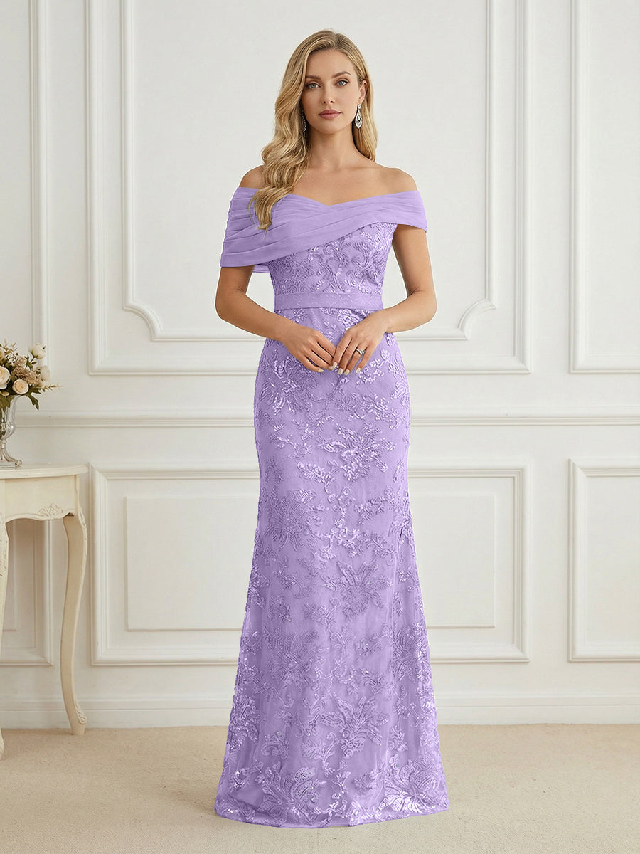 Mermaid Off Shoulder Short Sleeve Long Elegant Mother of the Bride Dresses with Sequin