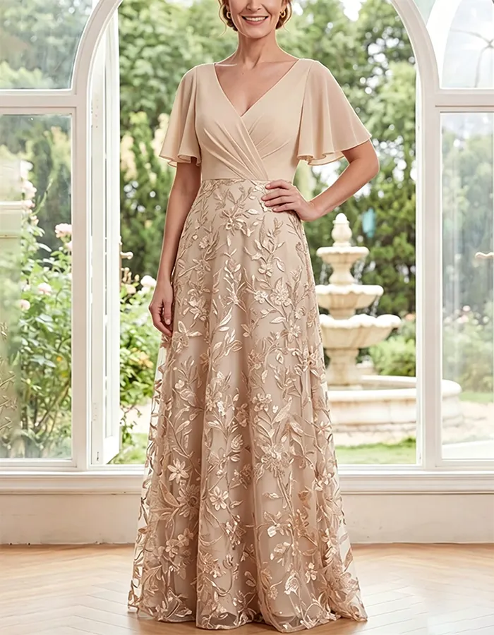 Champagne V-Neck Flutter Sleeve Chiffon & Lace Maxi Dress