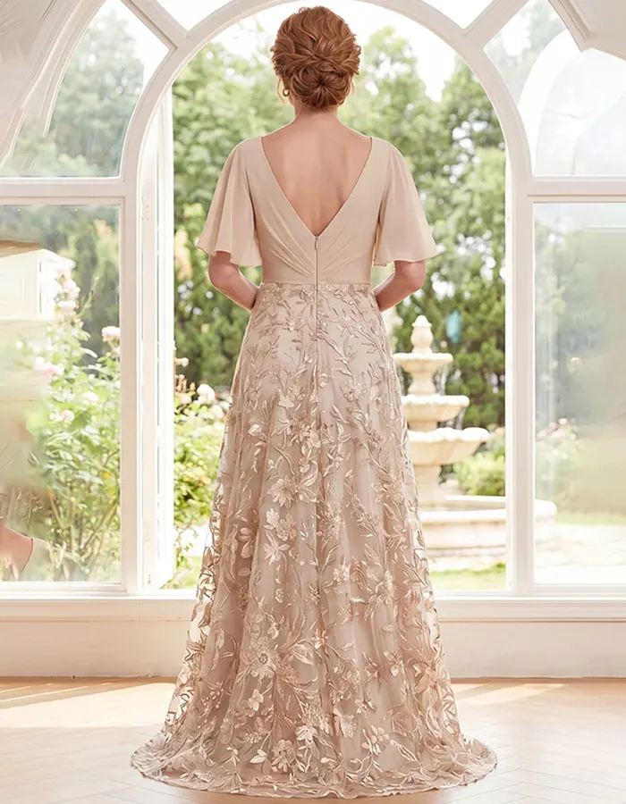 Champagne V-Neck Flutter Sleeve Chiffon & Lace Maxi Dress