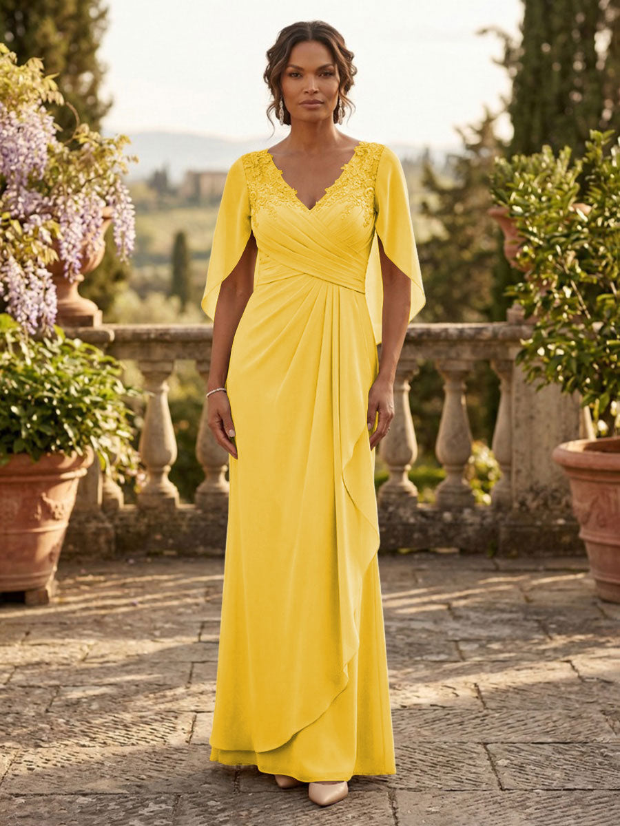 A-Line Chiffon Cape Sleeves Floor-Length Mother of the Bride & Groom Dresses with Ruched Waist