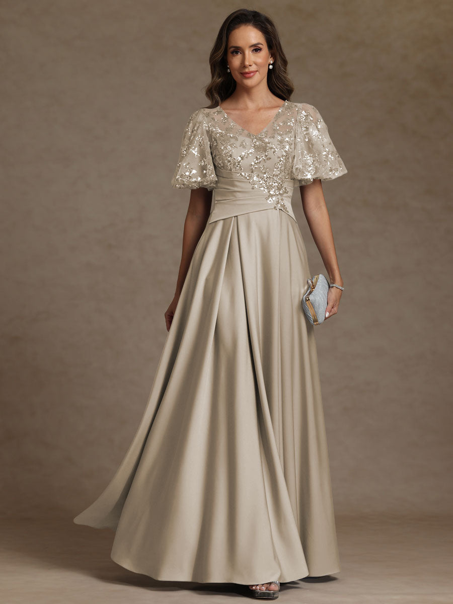 A-Line/Princess V-Neck Illusion Pleated Satin Floor-Length Mother of the Bride Dresses with Sequins