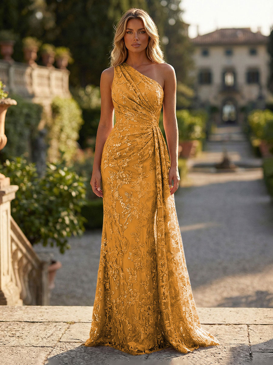 Sheath/Column Floral Lace Embroidered One Shoulder Evening Dresses Floor-Length Formal Gowns with Ruched Waist & Side Train