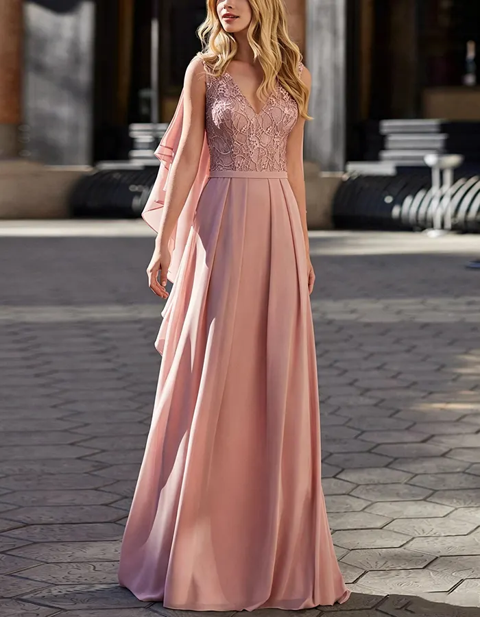 Pink Lace Bodycon Chiffon Maxi Dress