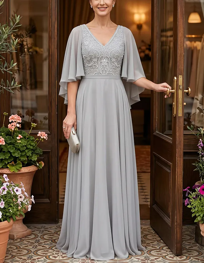 Gray V Neck Beaded Lace Cape Sleeve Chiffon Maxi Dress