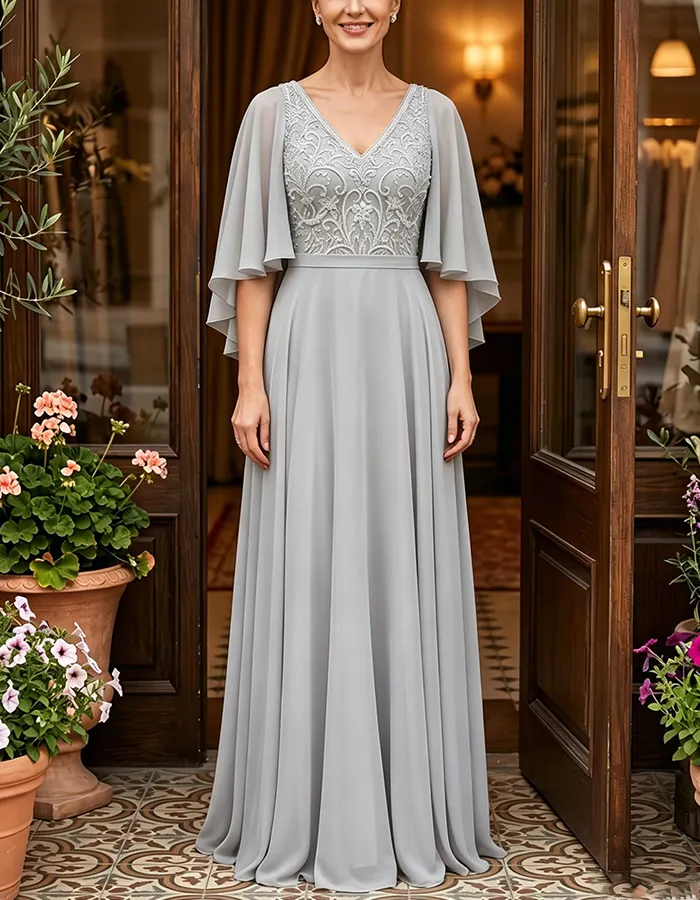 Gray V Neck Beaded Lace Cape Sleeve Chiffon Maxi Dress
