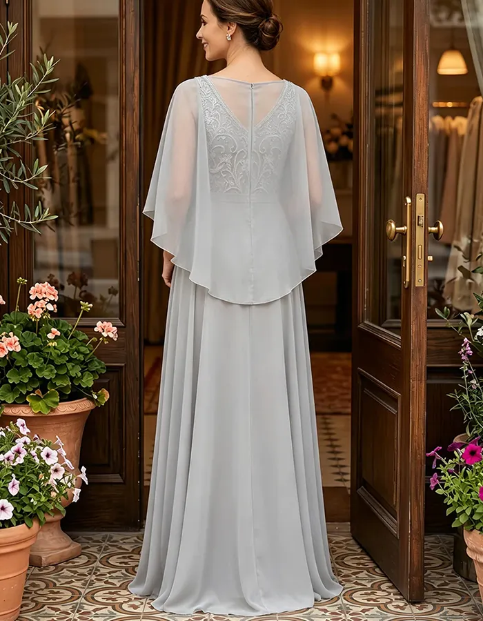 Gray V Neck Beaded Lace Cape Sleeve Chiffon Maxi Dress