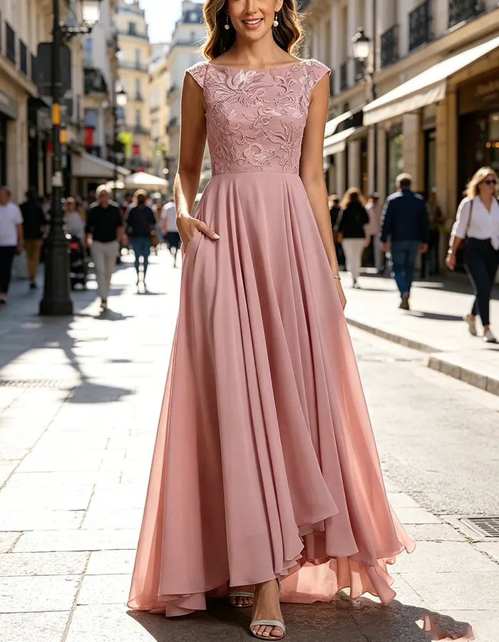 Floral Lace Cap Sleeve Chiffon High Waist A-Line Maxi Dress