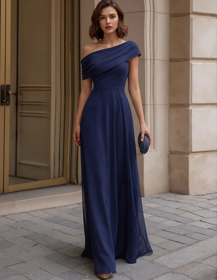 Deep Sapphire Blue Chiffon Draped One Shoulder Maxi Dress