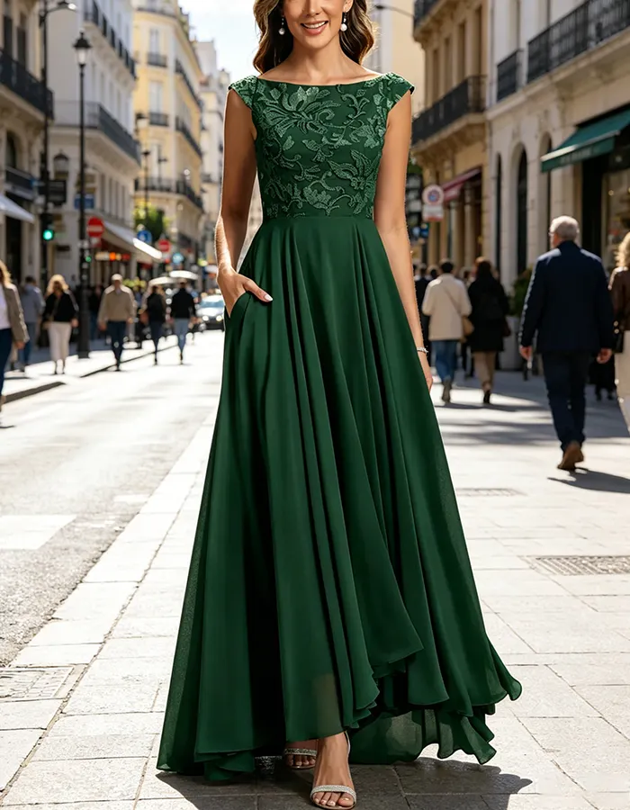 Floral Lace Cap Sleeve Chiffon High Waist A-Line Maxi Dress