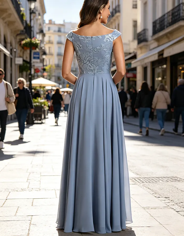 Floral Lace Cap Sleeve Chiffon High Waist A-Line Maxi Dress