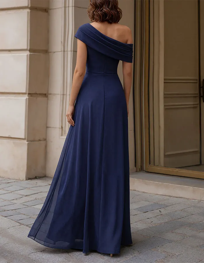 Deep Sapphire Blue Chiffon Draped One Shoulder Maxi Dress