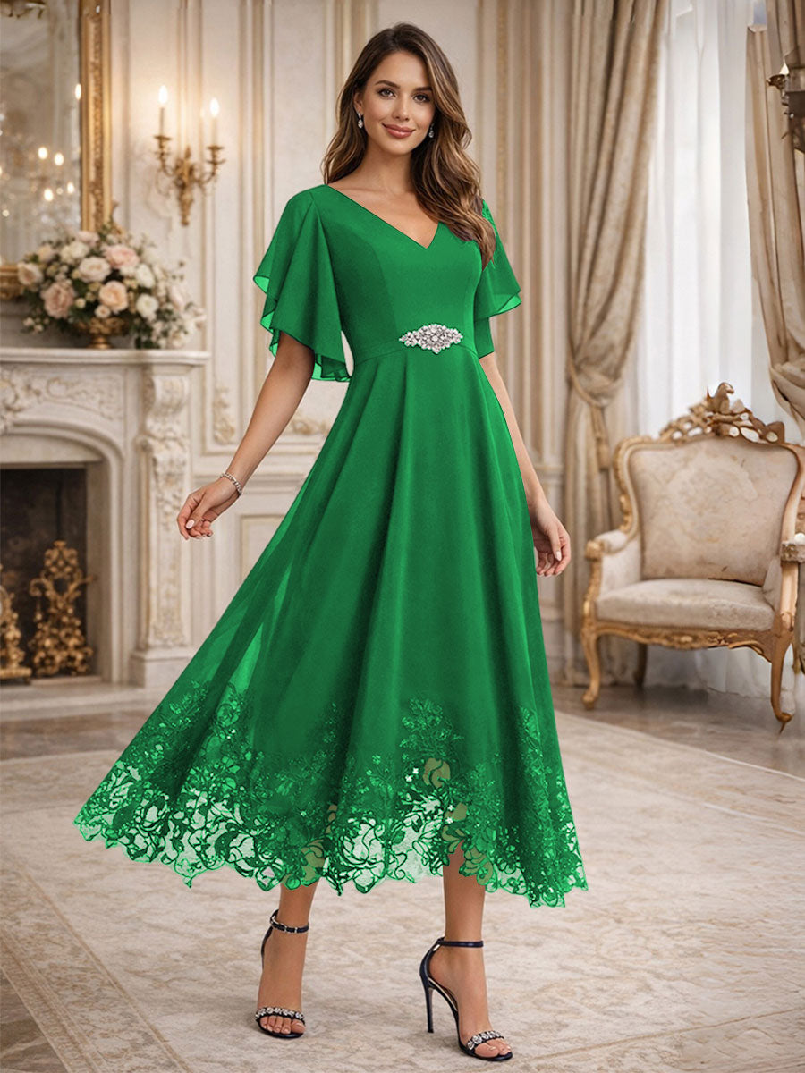 A-Line/Princess V-Neck Flying Sleeves Tea-Length Mother of the Bride Dresses with Lace Appliques