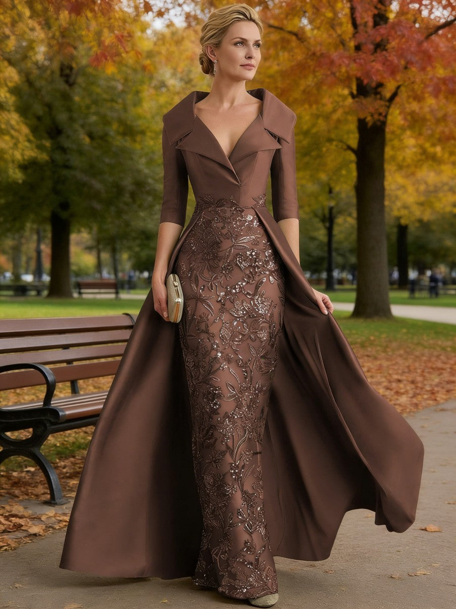Sheath V Neck 3/4 Sleeve Sequined Mother of the Bride Dresses with Appliques