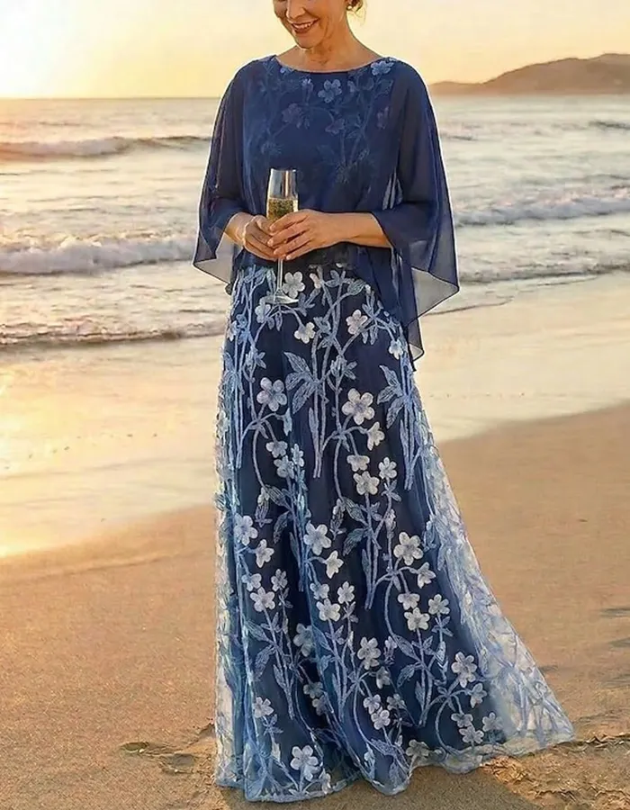 Navy Blue Chiffon Floral Embroidered Tulle Capelet Maxi Dress