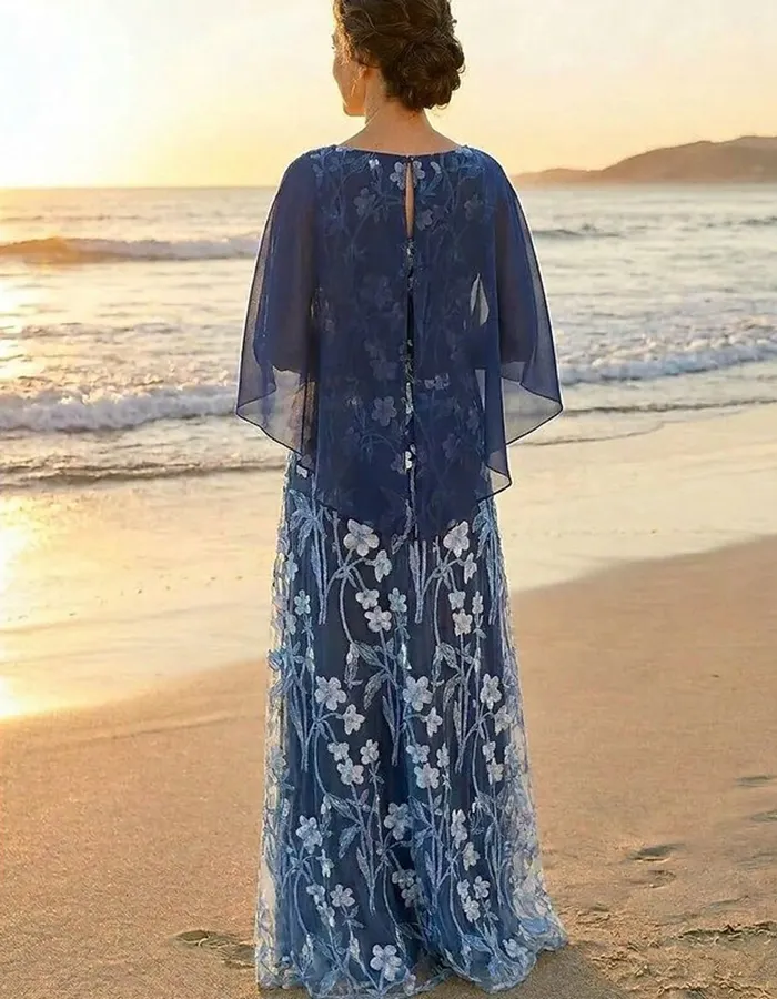 Navy Blue Chiffon Floral Embroidered Tulle Capelet Maxi Dress