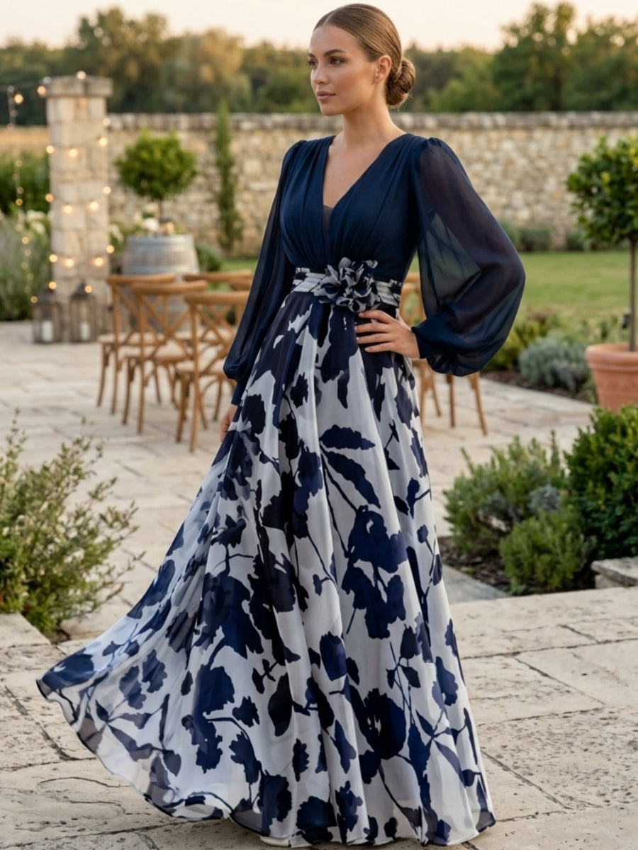 Blue-Grey Chiffon Printed V-Neck Fitted Waist Maxi Dress