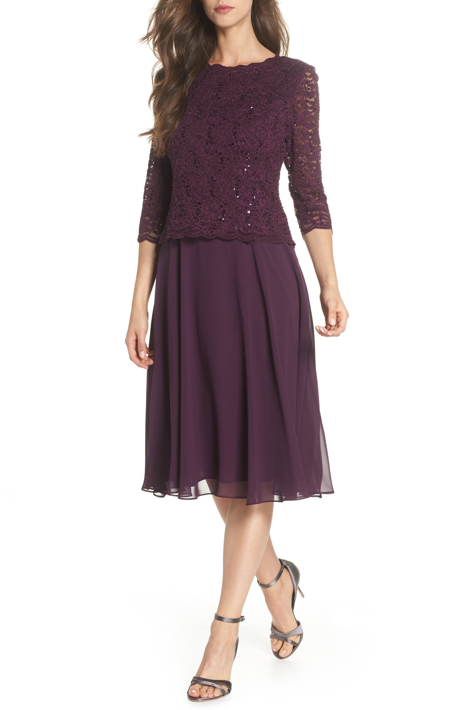 Classic Sequined Lace and Chiffon Two-Piece Knee-Length Dress Set