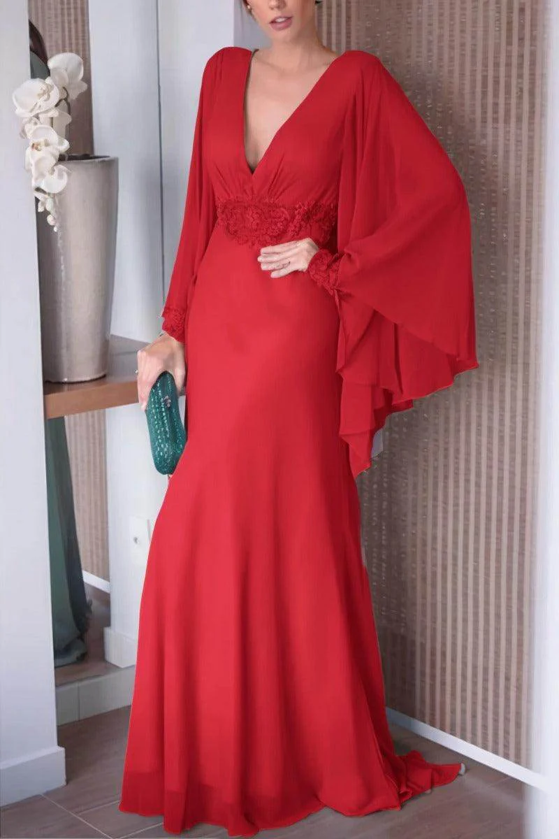 Sheath-Column Sweep-Brush Train Chiffon Mother Dress