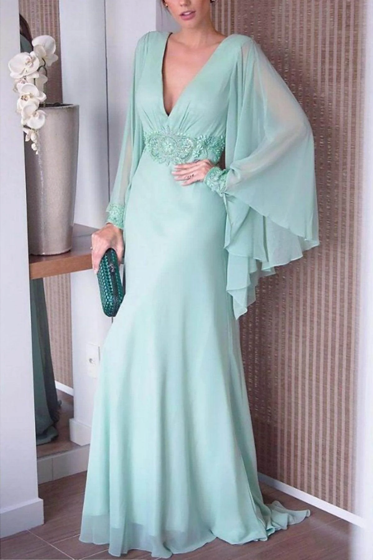 Sheath-Column Sweep-Brush Train Chiffon Mother Dress