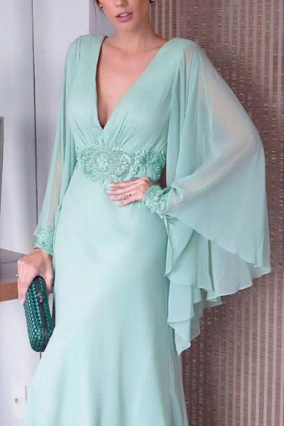 Sheath-Column Sweep-Brush Train Chiffon Mother Dress