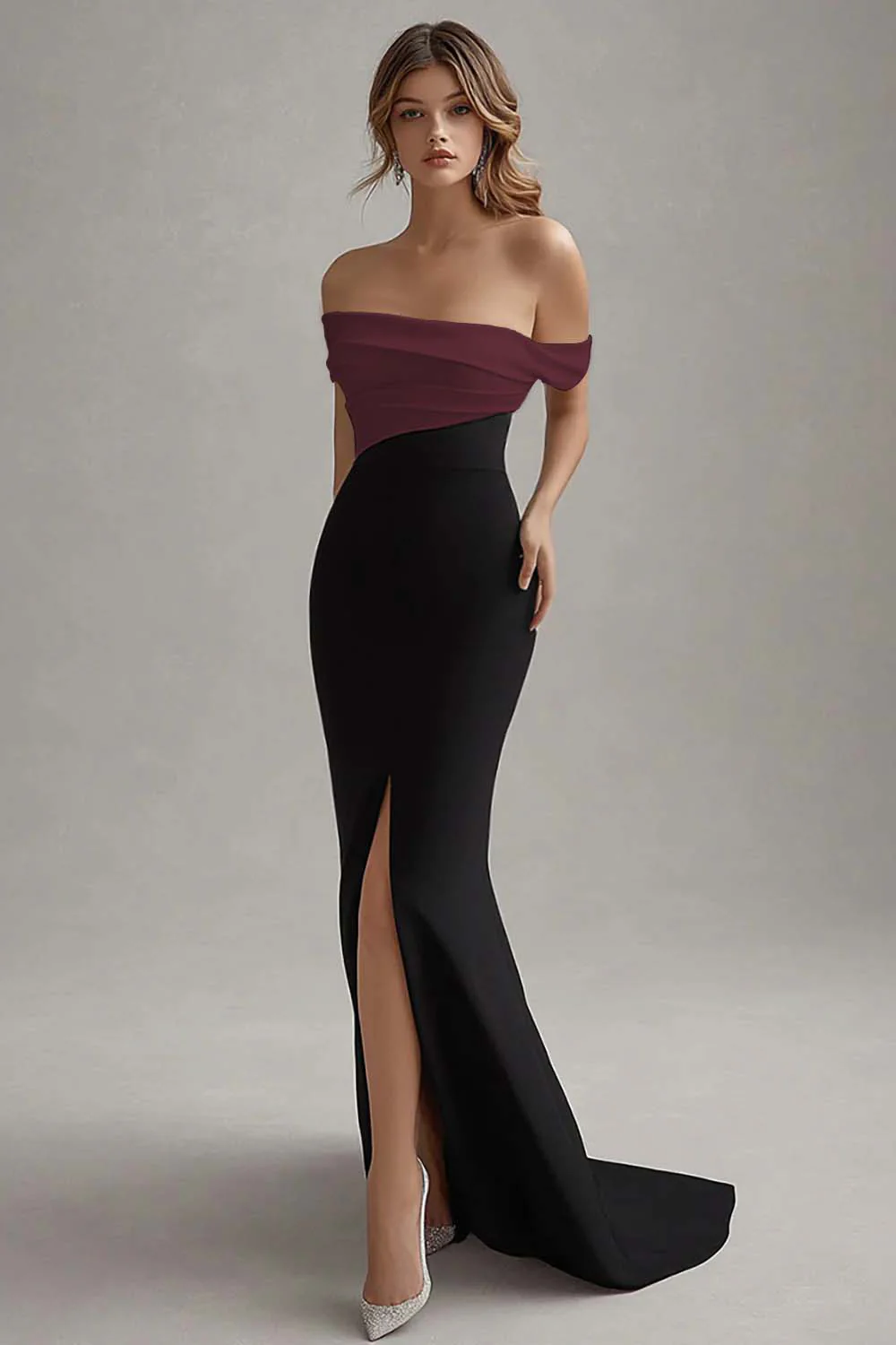 Elegant Off the Shoulder Black White Formal Dress with Slit