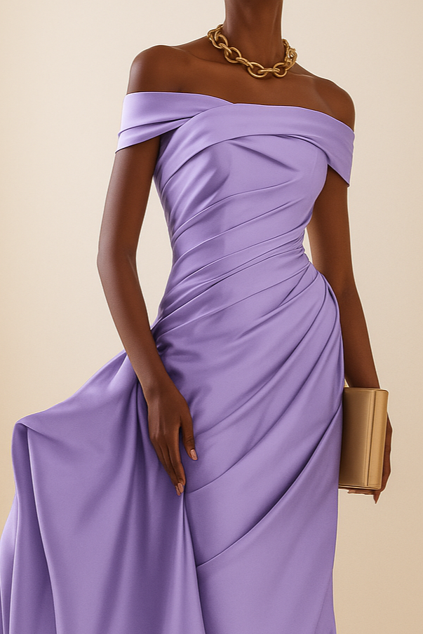 Lavender Off-Shoulder Draped Evening Gown