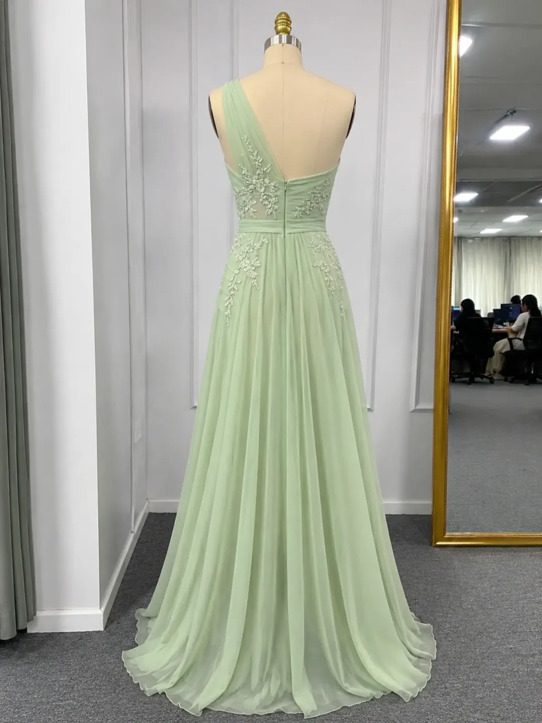 Lightgreen Applique 3D Floral Chiffon One Shoulder Sleeveless A-Line Floor Length Dress