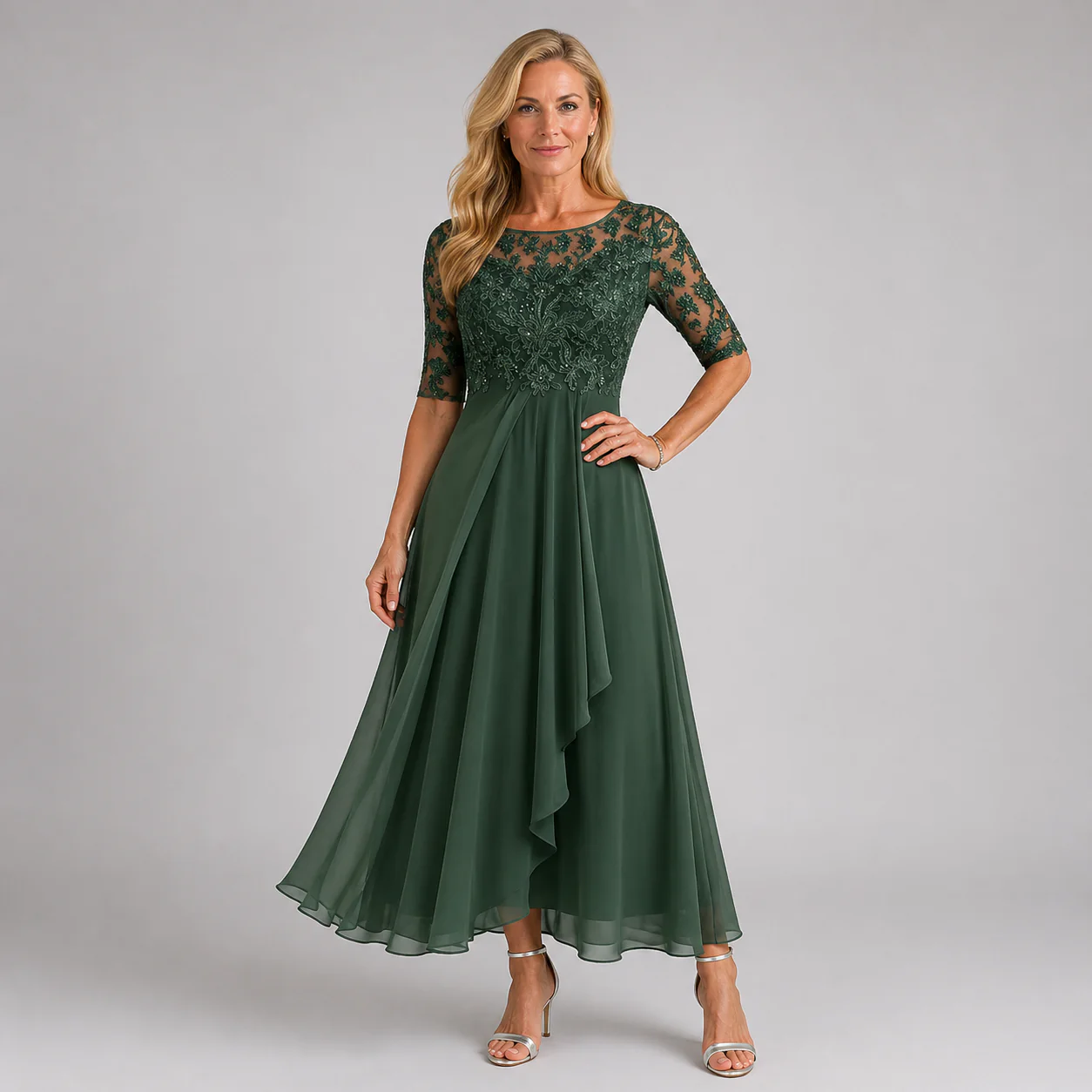 High-Quality Soft Fabric for Wedding Guests Mother of the Bride Dress Tea Length Elegant A-Line Chiffon Gown with Scoop Neck 1/2 Sleeves & Lace Appliques