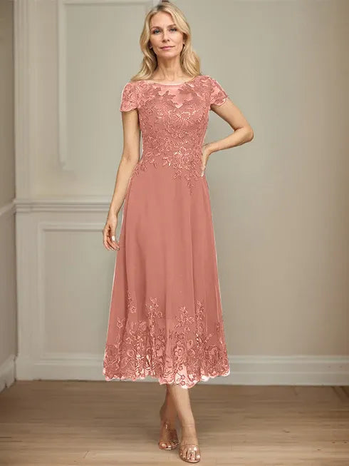 A-line Illusion Scoop Tea-Length Lace Chiffon Mother of the Bride Dress With Sequins