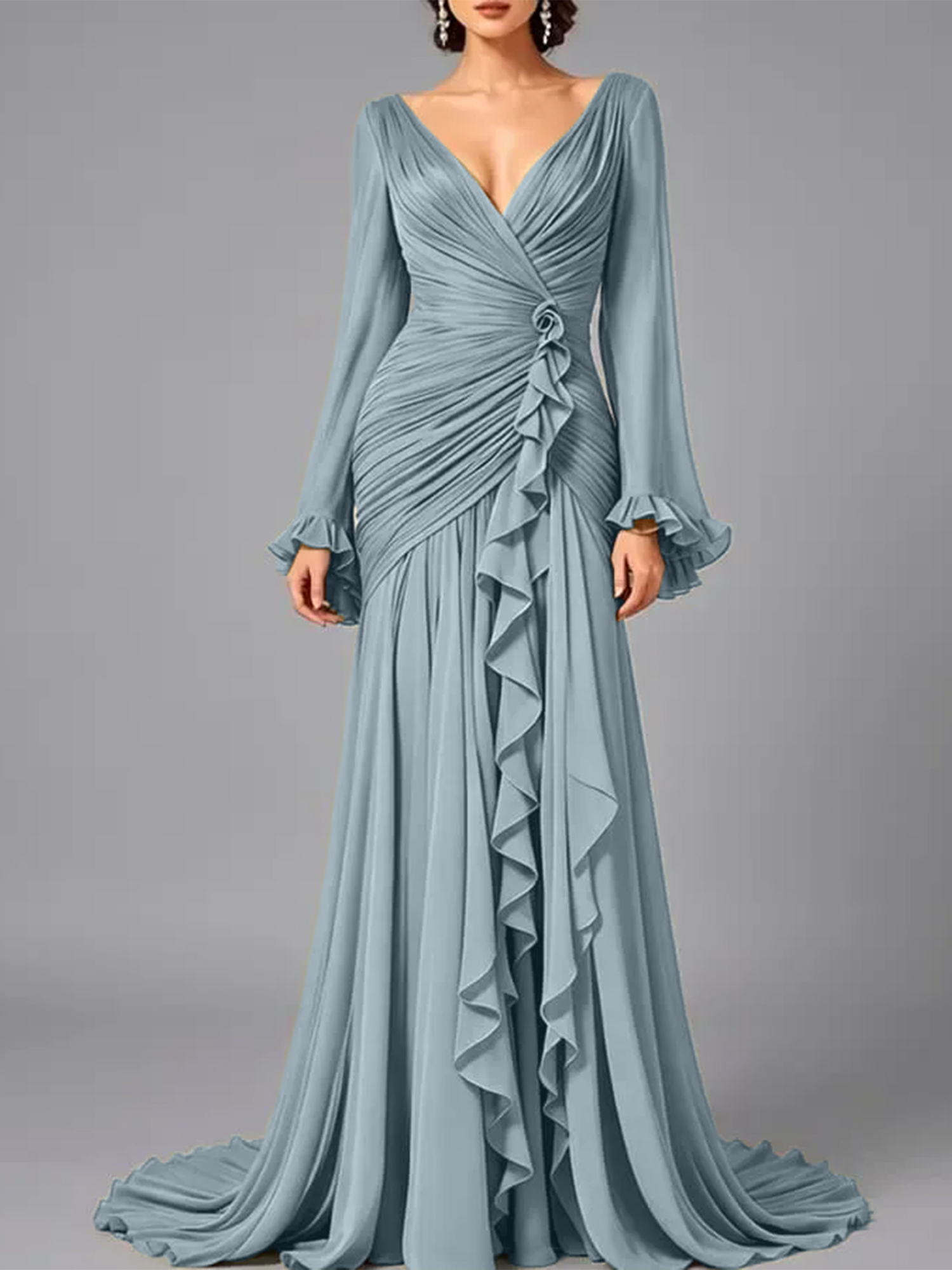 V-Neck Sheer Long Sleeve Ruffled Chiffon Dress