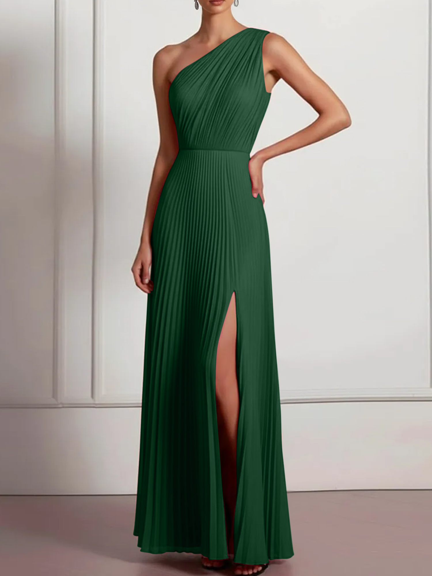 Blush Formal Party Dress One Shoulder Pleated Maxi Dress with Slit