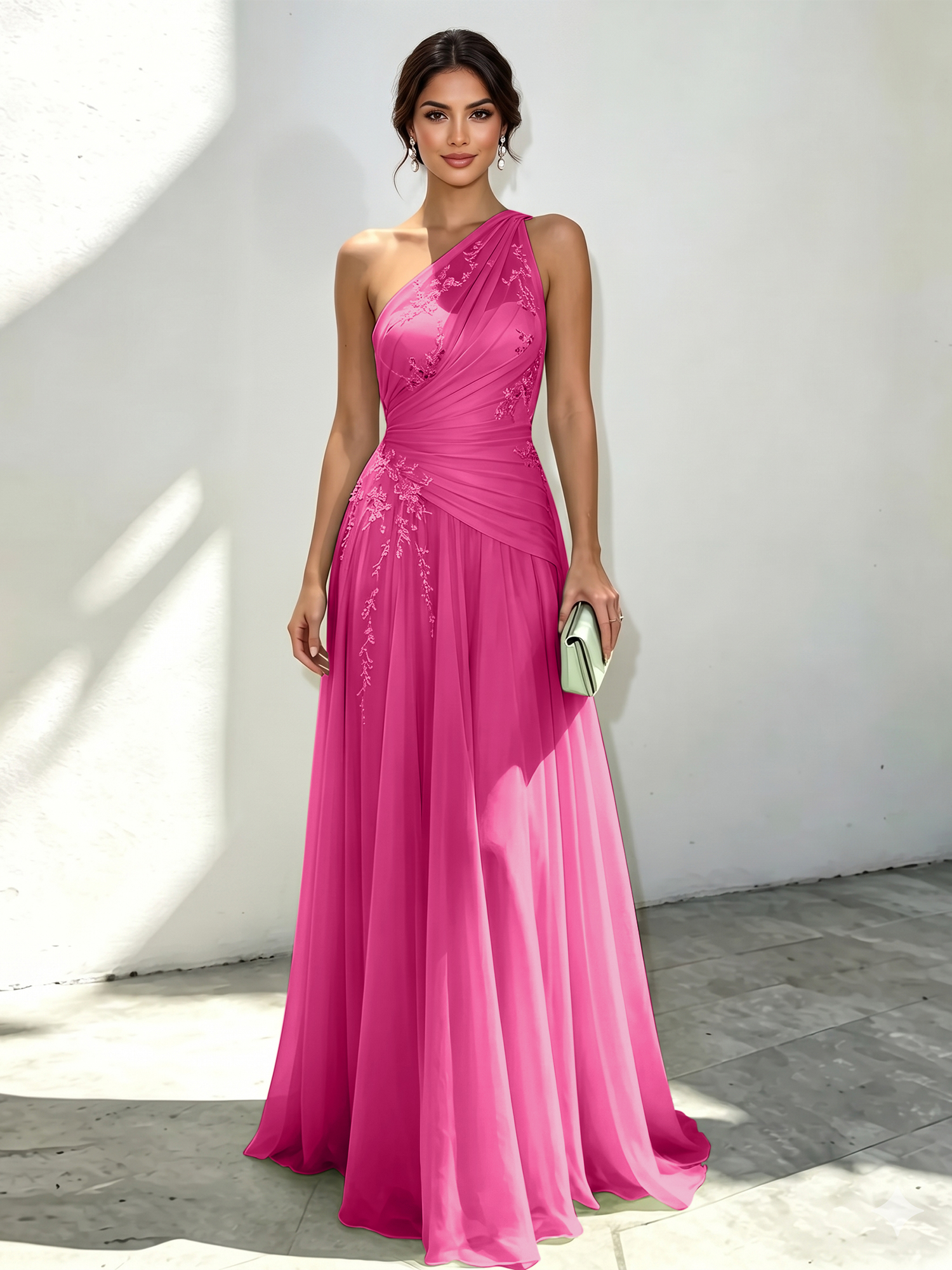 Mint Green Applique 3D Floral Chiffon One Shoulder Sleeveless A-Line Floor Length Dress
