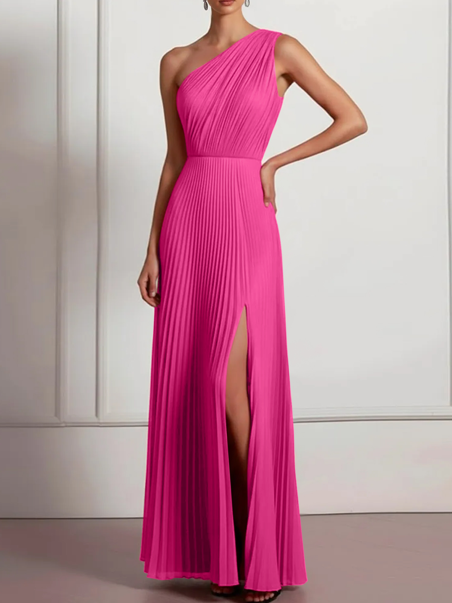 Blush Formal Party Dress One Shoulder Pleated Maxi Dress with Slit