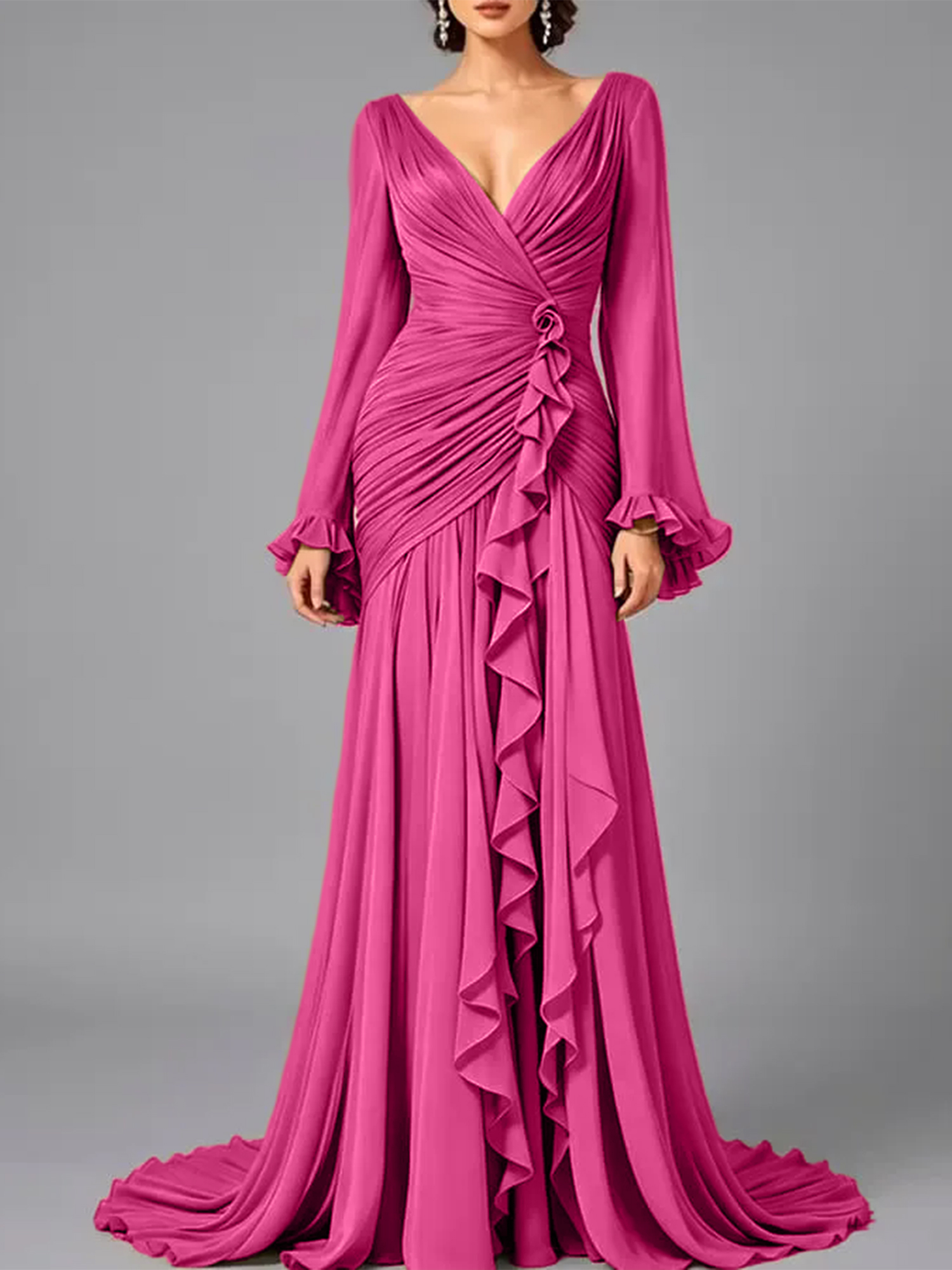 V-Neck Sheer Long Sleeve Ruffled Chiffon Dress