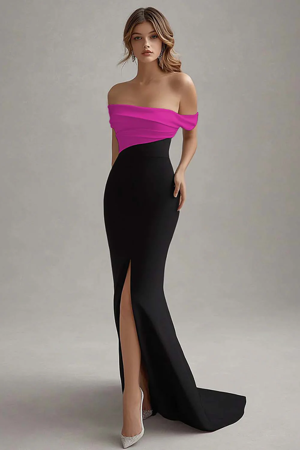 Elegant Off the Shoulder Black White Formal Dress with Slit