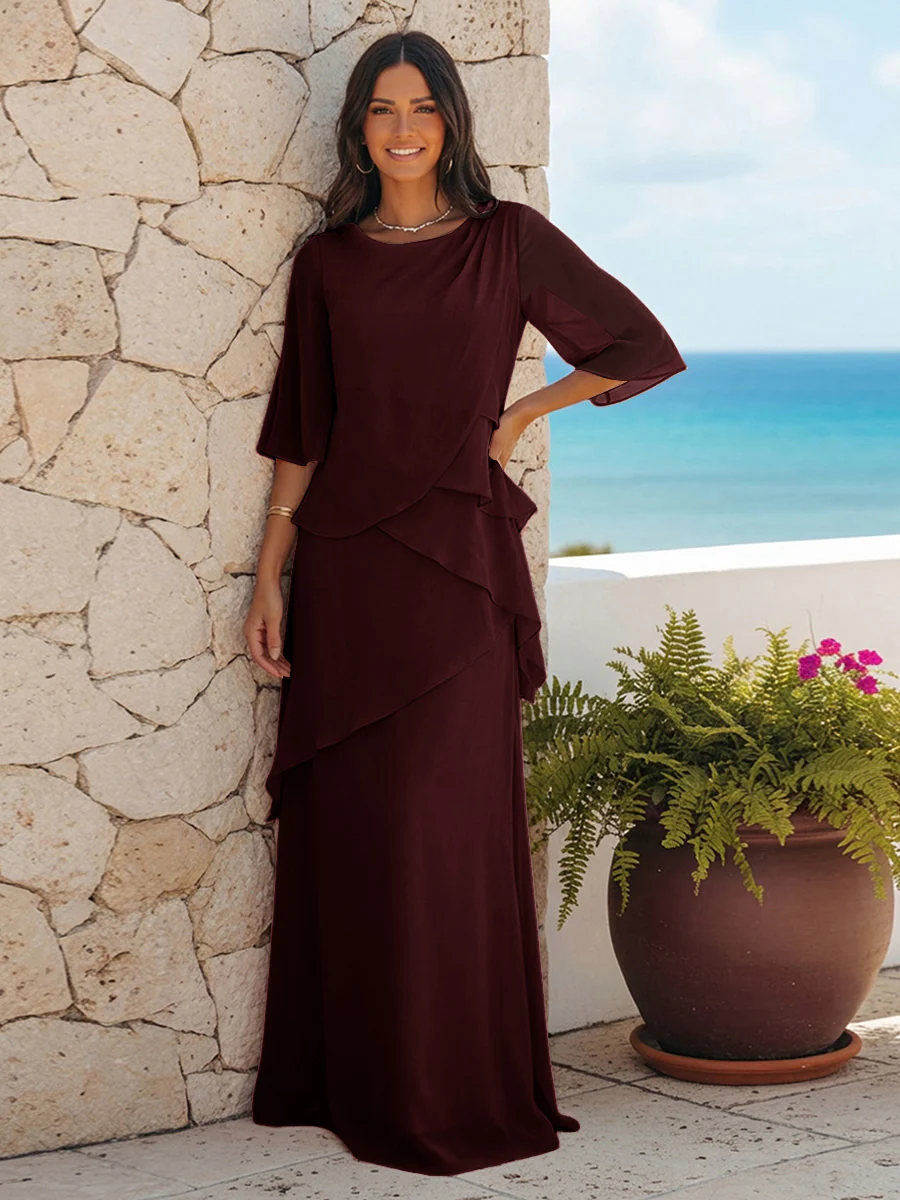 A Line Scoop Half Sleeves Simple Mother of the Bride Dresses with Ruffles
