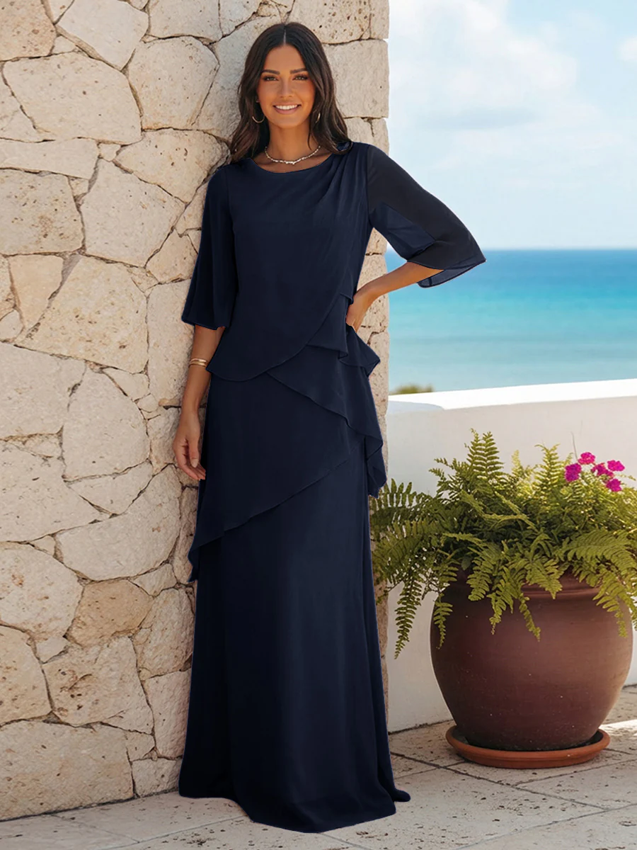 A Line Scoop Half Sleeves Simple Mother of the Bride Dresses with Ruffles