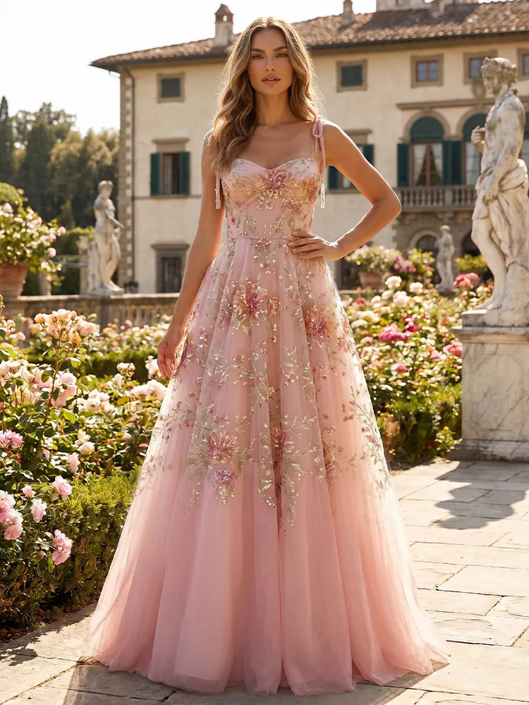 Tulle A-Line Spaghetti Straps Formal Dresses with Sequin Embroidery