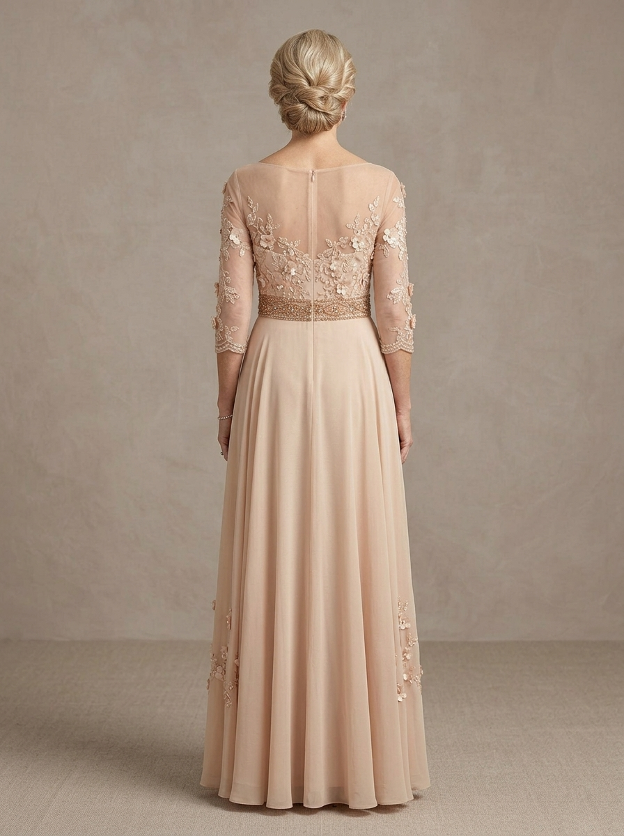 Elegant Illusion Lace and Chiffon A-Line Gown with Embellished Waist