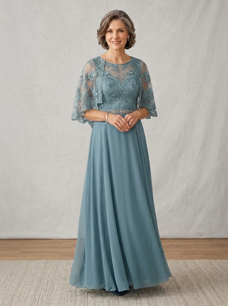 Elegant Embroidered Lace Portrait Gown with Detachable Sheer Capelet