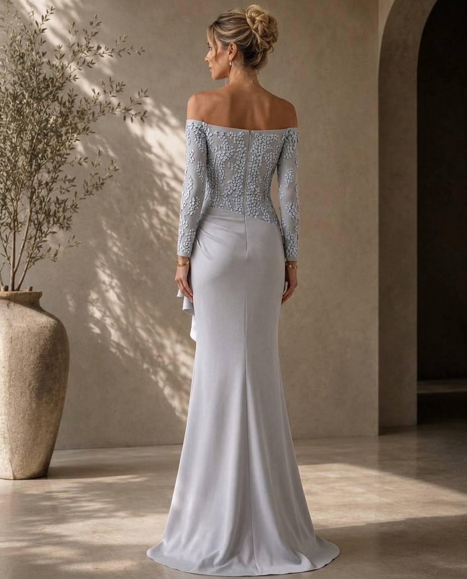 Exquisite Off-the-Shoulder Illusion Lace Crepe Gown with Asymmetric Ruffle Skirt