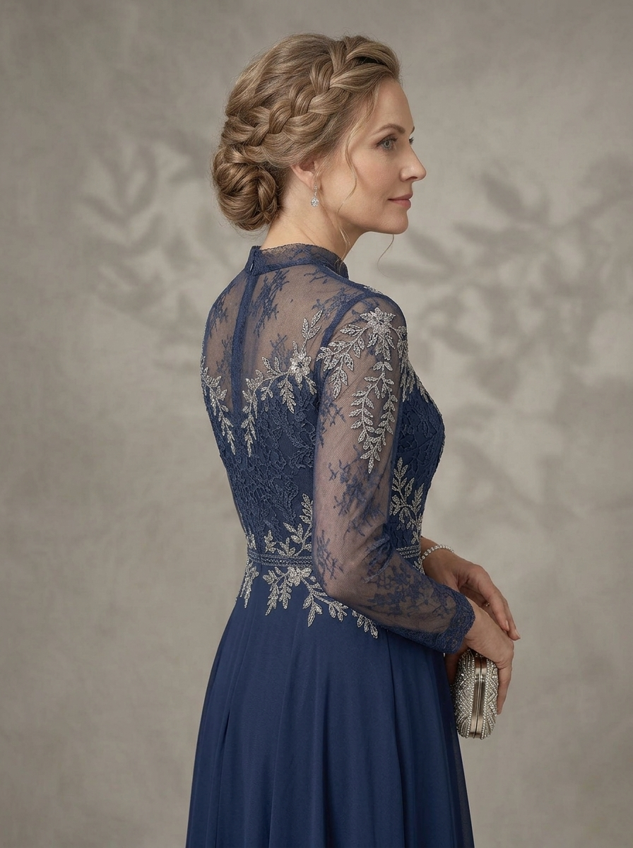 Regal High-Neck Illusion Lace Layered Chiffon Evening Gown