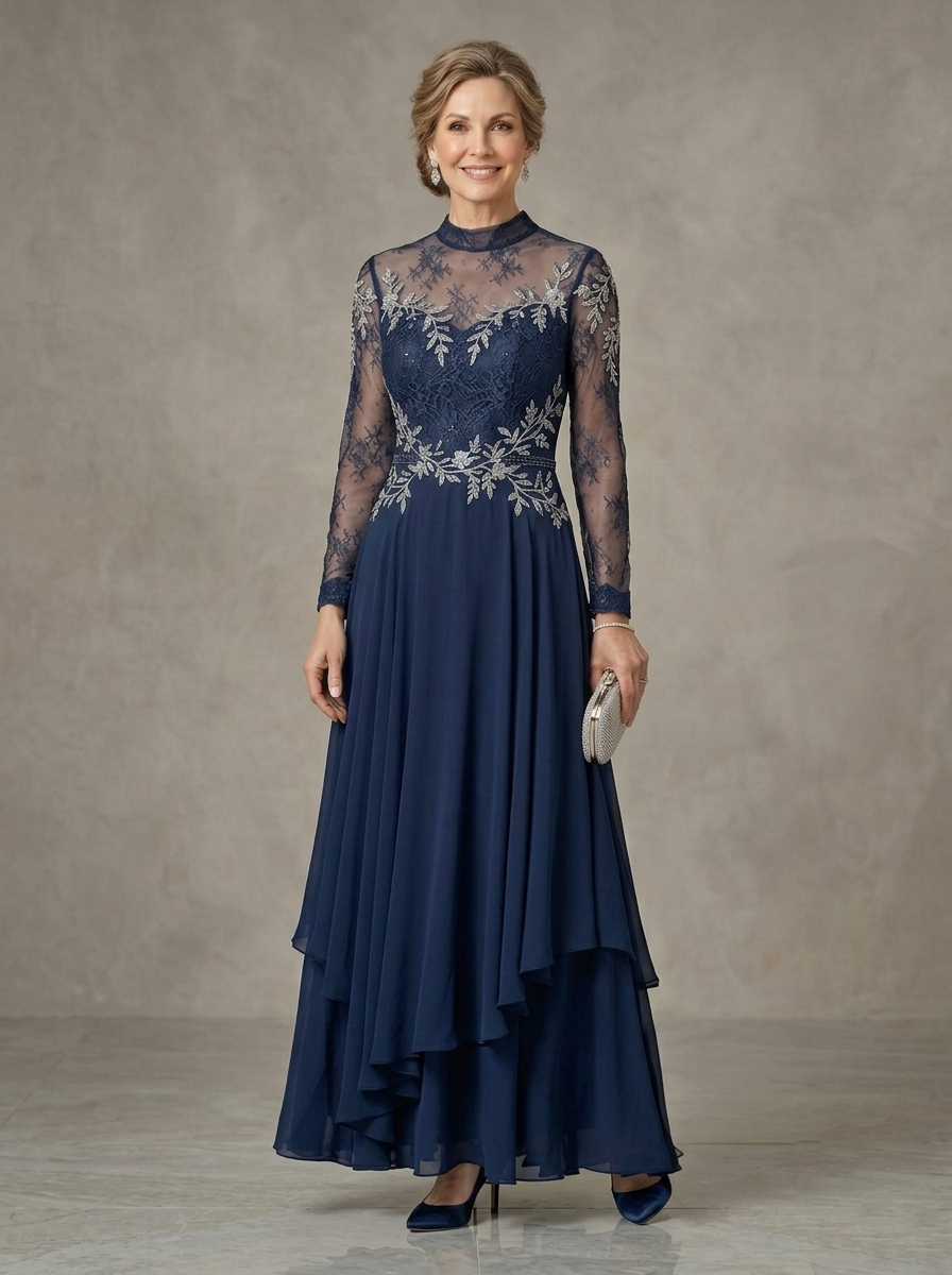 Regal High-Neck Illusion Lace Layered Chiffon Evening Gown