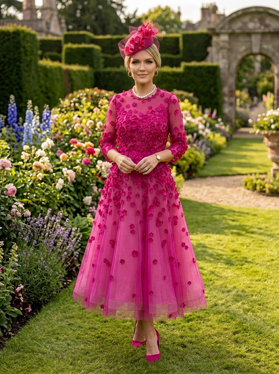 Enchanting 3D Floral Appliqué Illusion Tea-Length Occasion Gown