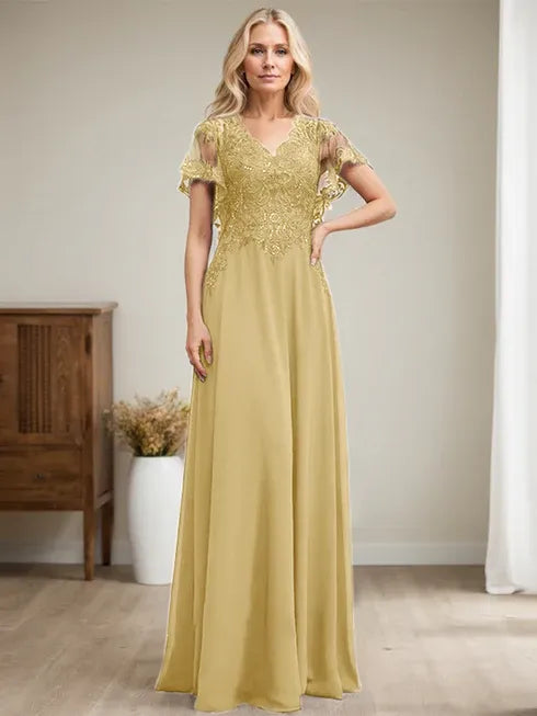 A-line V-Neck Floor-Length Lace Chiffon Mother of the Bride Dress With Sequins