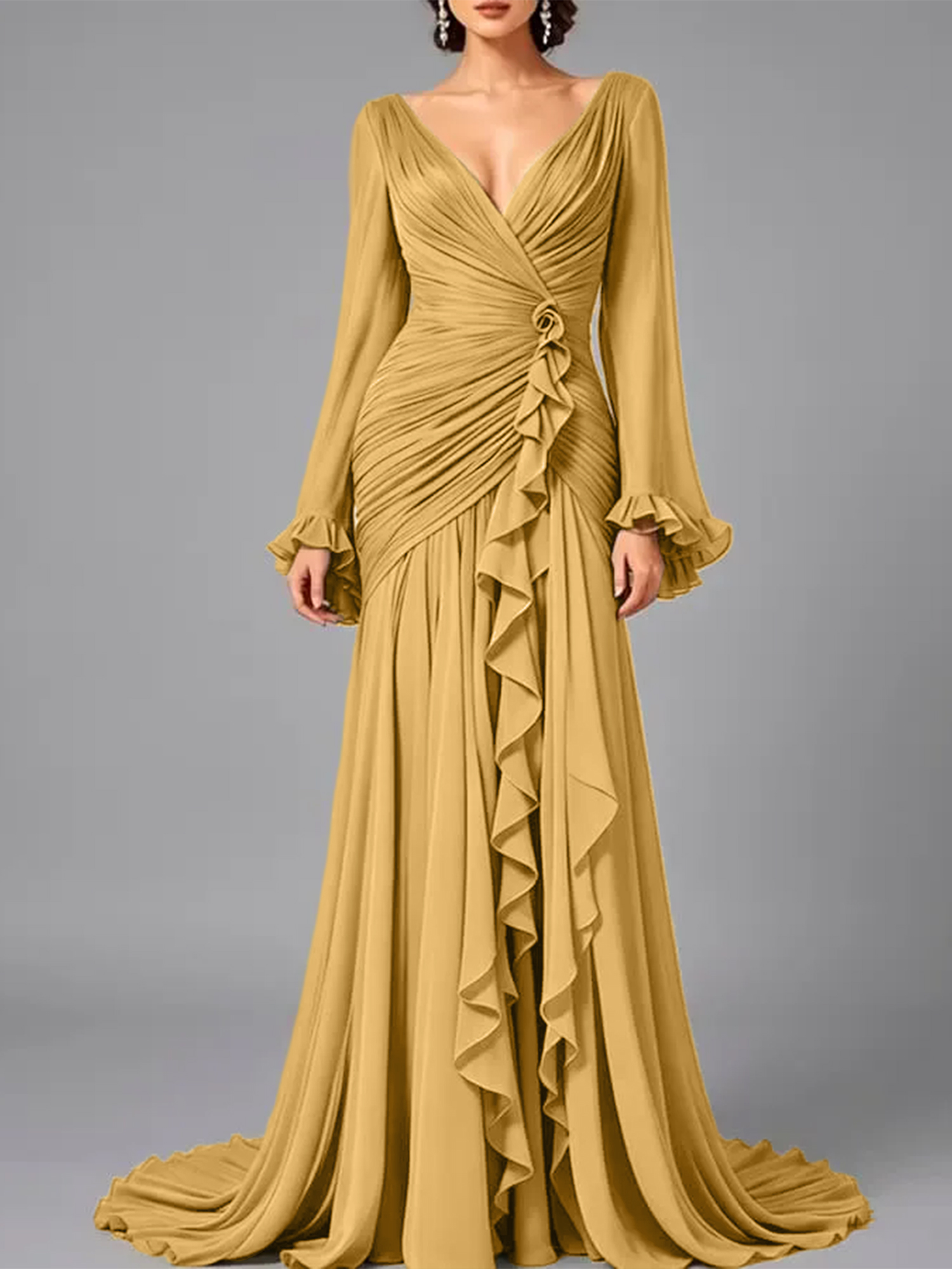 V-Neck Sheer Long Sleeve Ruffled Chiffon Dress