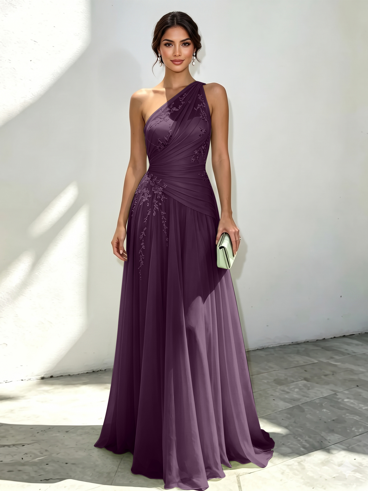 Mint Green Applique 3D Floral Chiffon One Shoulder Sleeveless A-Line Floor Length Dress